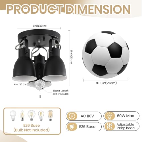 Image of 3-Light Industrial Semi Flush Mount Ceiling Light Fixture with Pull Chain Switch, Adjustable Track Spotlight, Black Metal Close to Ceiling Lamp for Bedroom Kitchen Hallway Living Room, E26