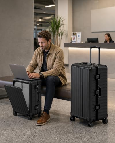 Image of LUGGEX 2PC Front Open Zipperless Luggage Set, Aluminum Frame, Jet Black