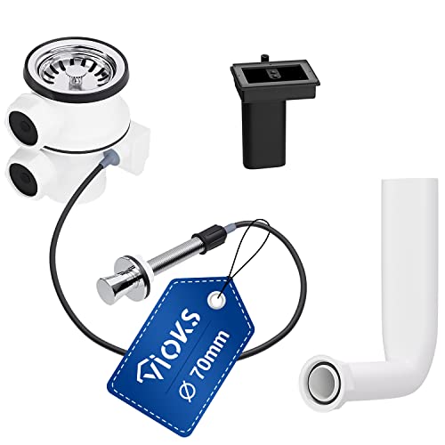 VIOKS Siebkorbventil 70mm mit Excenterventil Zugbetätigung und Abtropf-Überlauf - Ablaufgarnitur Spüle Abfluss Küchenspüle Überlaufgarnitur Spülbecken & Zubehör für Küchenspülen