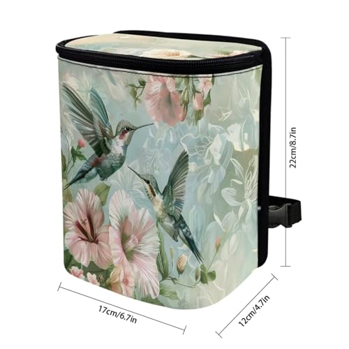 Image of Flower Hummingbird Pattern Automotive Garbage Can Bin with Lid,Washable Car Trash Can for Travel,Cars,Universal Fit Hippie Car Accessory Interior Set