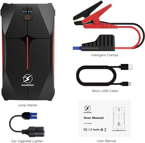 FLYLINKTECH Arrancador de Coches, 2000A 13200mAh Arrancador de Baterias de Coche (hasta 6.0L Gas o 5.0L Diesel), 3 Modos Linterna LED, Puerto USB