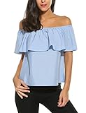 Sherosa Women's Summer Tops Off The Shoulder Ruffle Shirts Boho Loose Blouses(XXL, Light Blue)
