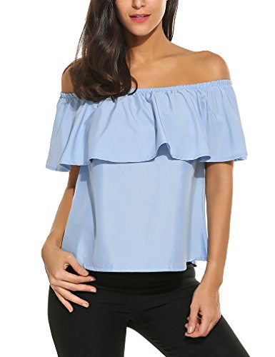 Sherosa Women's Summer Tops Off The Shoulder Ruffle Shirts Boho Loose Blouses(XXL, Light Blue)