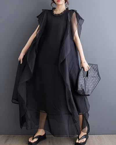 ellazhu Women's Short Sleeves Crewneck Solid Color Tulle Chiffon Dress GZ184 A3