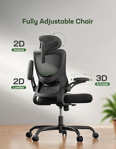 Marsail Ergonomic Office Chair with Headrest Mesh Office Computer Desk Chair with Adjustable Lumbar Support Rolling Work Swivel Task Chairs with Wheel 3D Armrests