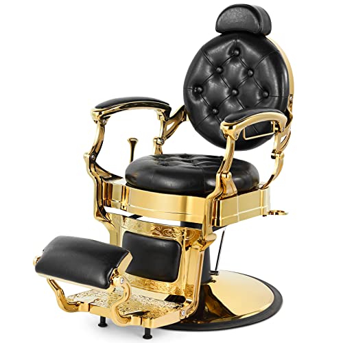 Artist Hand Retro Barber Chair Heavy Duty Barber Chairs Vintage Salon Chair Hydraulic Recline Beauty Spa Styling Equipment Rounded Cushioning with Ppuckered Button (Gold)