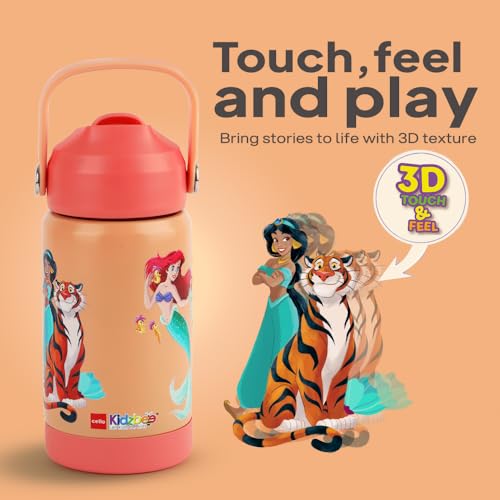Image of CELLO Kidzbee Gen Alpha Stainless Steel Kids Flask Water Bottle 370 ml | 3D Princess Touch & Feel Design, Leakproof Lightweight Easy to Carry Hot and Cold Kids Flask Water Bottle for School & Travel