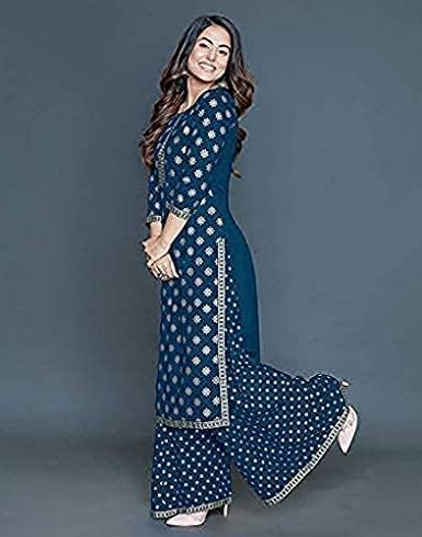 Image of Women Rayon Straight Golden Foil Printed Kurta with Palazzo || Kurti with Palazzo Set for Casual Party & Festival Wear in Round Neck with 3 /4 Sleeve for Girls