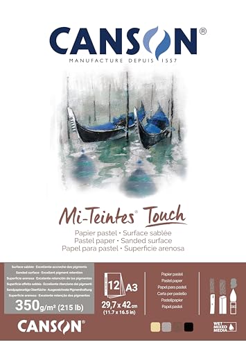 CANSON Mi-Teintes Touch, Pastellpapier, Sandpapier-Effekt, 350 g/m², an der langen Seite geleimter Block, DIN A3, 29,7 x 42 cm, 4 ausgewählte Farbtöne, 12 Blatt