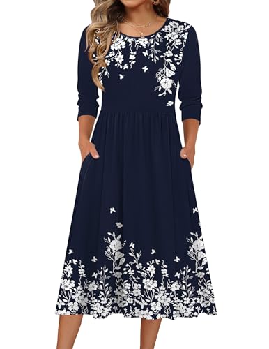 Zeagoo Casual Midi Dresses for Women 3/4 Length Sleeve Elegant Party Dress Aline Casual Floal Loose Dresses Flowy Swing Empire Waist Dress Navy Blue Floral