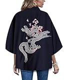 LAI MENG FIVE CATS Women's Floral Print Cardigan Puff Sleeve Kimono Loose Cover up Casual Blouse Tops
