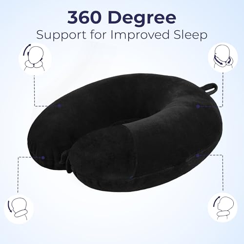 Image of U-Shaped Neck Pillow Soft Fiber Filled Travel Cushion with Snap Button, Comfortable Fabric, Neck Support for Flight, Bus, Car, Neck Pillow for Pain Relief (Black Combo)