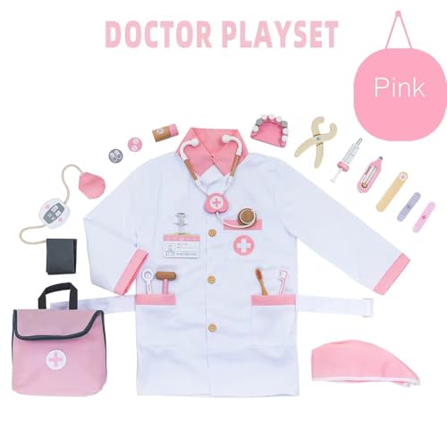 Image of Kids Doctor Playset with Coat & Medical Accessories | Pretend Doctor Role Play Toy Set for Boys & Girls | Educational Doctor Kit with Bag (Pink, 20 Pieces, 3+ Years)