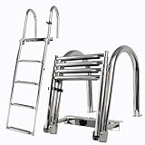 Manumarine 4 Step Heavy Duty 316 Stainless Steel Boat Ladder | Telescoping Folding Rear Entry Dock Swim Deck Ladder with Handrails & Extra Wide Steps, 600lbs Capacity Marine Grade