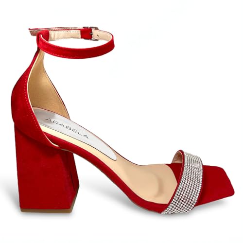 Sandália Feminina Vermelha Camurça Tira Strass Salto Alto Bloco Grosso (Vermelho, BR, Adulto, Numéri