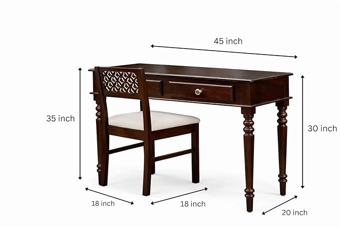 Image of Solid Sheesham Wood Two Drawer Study Table with Chair | Students Reading & Writing Table | Laptop & Work from Home Table (Dark Walnut)