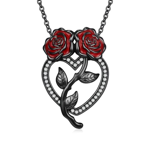 Adnix Rose Heart Necklace, Black Rose Flower Pendant,Gothic Romantic Love Heart Necklaces Jewelry for Women with Gifts Box
