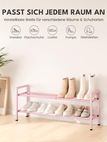 Image of Bumusty 2-Tier Expandable Shoe Rack for Closet, 18 inch-33 inch Adjustable Shoe Rack for Small Space, Small Shoe Organizer for Front Door, Sturdy Metal, Pink