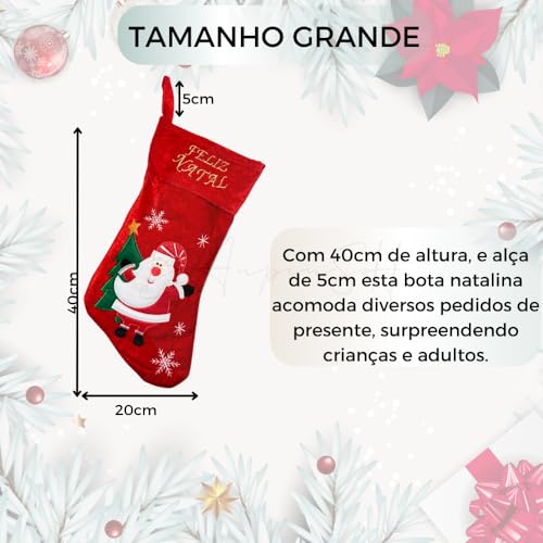Bota Papai Noel Meia de Natal - Decoração Natalina Com Alto Relevo - Linda Meia de Natal Tamanho Gra