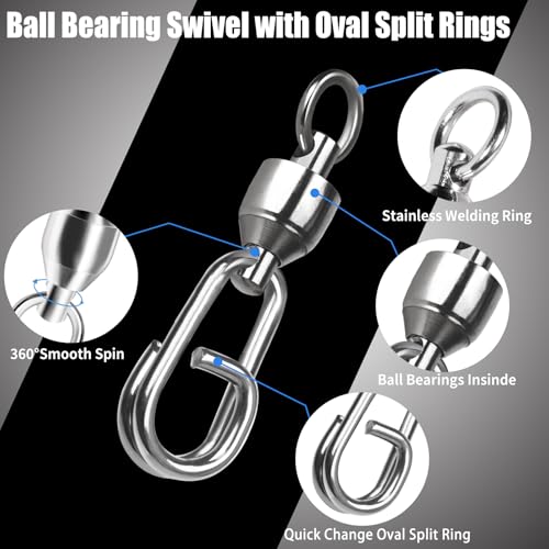 FishTrip Fishing Ball Bearing Swivel with Oval Split Rings, 25/50 Pack High Strength Stainless Steel Fishing Swivels & Snaps Quick Change Snap Swivels Fishing Tackle Split Rings Saltwater Freshwater