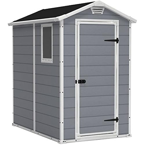 Keter Manor 4x6 Resin Outdoor Storage Shed Kit-Perfect to Store Patio Furniture, Garden Tools Bike Accessories, Beach Chairs and Lawn Mower, Grey & White