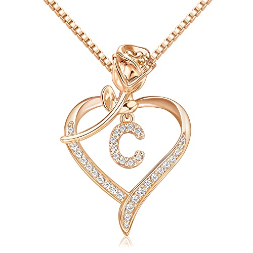 Nymerianoble Collares de corazón para mujer con colgante de corazón dorado con inicial para mujeres y niñas, delicada circonita cúbica A-Z, collar de corazón rosa, regalos de joyería, Circonia cúbica