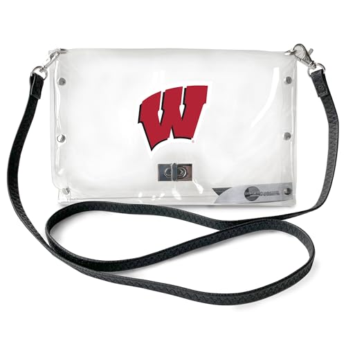 Littlearth NCAA Wisconsin Badgers Clear Envelope Purse with Black Fashion Strap, Team Color, 10" x 6.5" x 0.5"