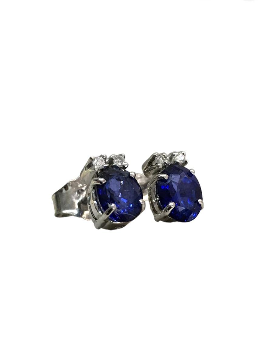 Orecchini a lobo da donna in oro bianco 18kt con zaffiri e diamanti veri naturali, Perno e farfallina.