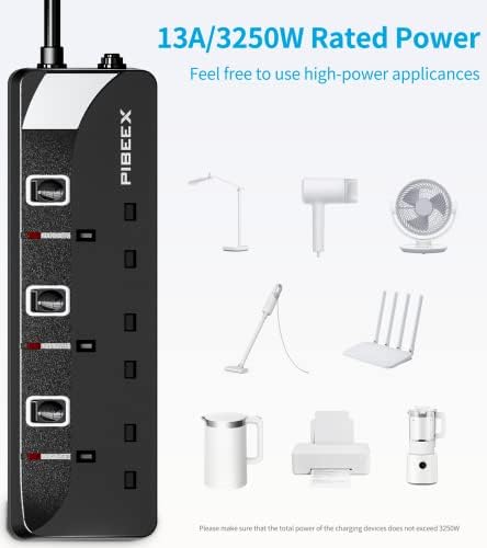 PIBEEX Extension Lead 3 Way Plug Sockets with Individual Switches Wall Mountable Power Strip 5 Meter Long Extension Cable 13A Fused UK Plug 3250W