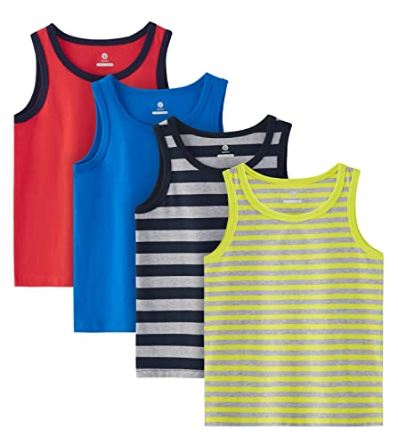 Lapasa Boys Tank Top (4 Pack) 100% Cotton Sleeveless T-Shirts Crewneck Multicolor Ultra Comfort Tagless Muscle Summer B14 3Y Solid Red + Solid Blue + Grey Stripe + Yellow Stripe #TOP15