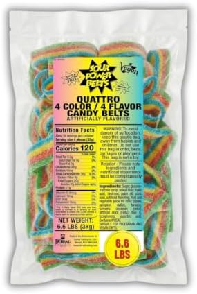 Sour Power Quattro Rainbow Candy Belts, 6.6 lb Bulk Bag (Pack of 3), Vegan Four Flavor Sour Candy Since 1985, Soft Chewy Sweet Tart, Non-GMO Gelatin Free