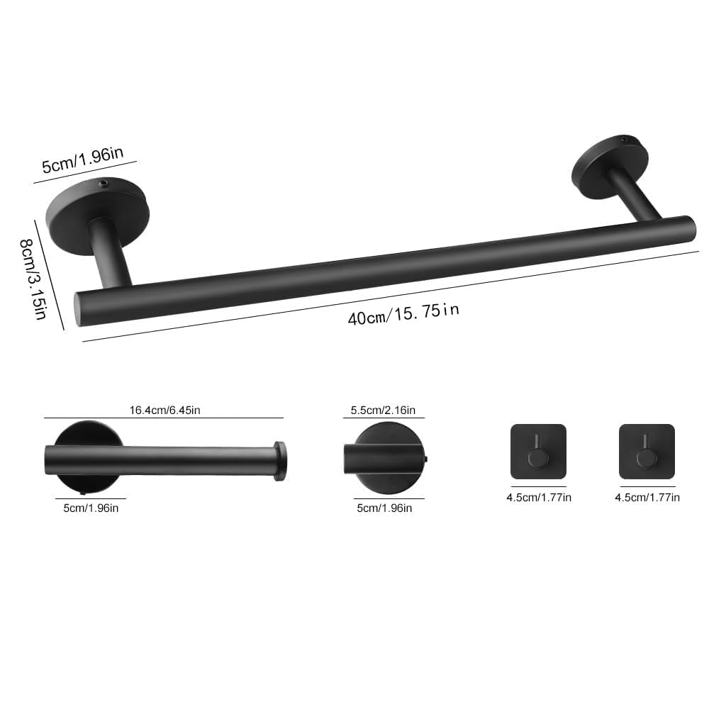 Toallero de Baño, Accesorios baño,Que Incluye 1 toallero, 1 portarrollos y 3 Ganchos. El Conjunto Completo Ofrece soluciones prácticas para el baño (Negro)