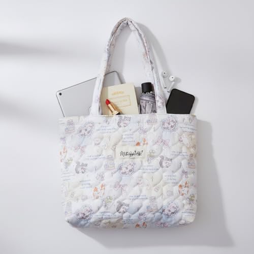 Image of Floral Quilted Cotton Shoulder Bag for Women Daily Use Medium Size Handbag Large Capacity Thickened Design Tote