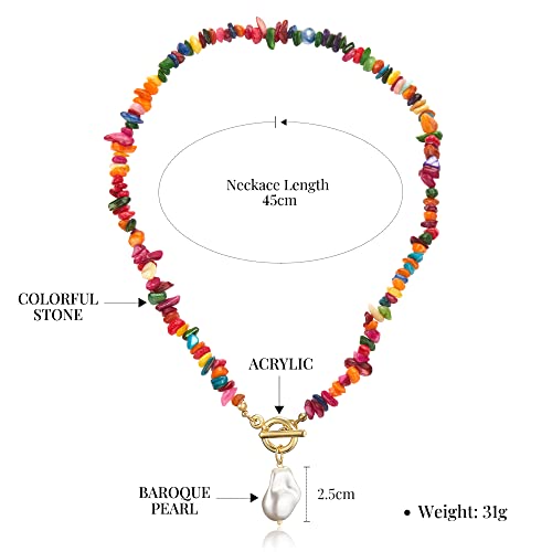 Idokawa Boho Statement Necklace For Women, Vintage Multicolor Charm Choker With Natural Gemstones And Baroque Pearl Pendant, Summer Bohemian Jewelry #TOP2