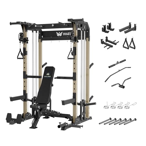 MAJOR FITNESS F22 Power Rack with Weight Bench – 1600lbs All-in-One Squat Rack with Cable Crossover, Dual Pulley, Heavy-Duty Steel Frame, Attachments & Storage for Home Gym Strength Training, Khaki