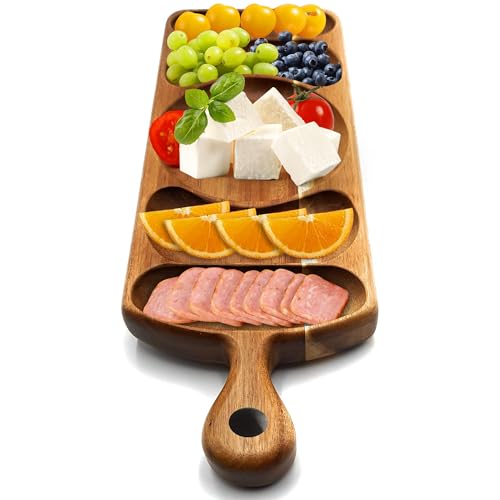 Reversible Acacia Wood Serving Platter With Handle – Premium Wooden Tray For Charcuterie, Crackers, Cheese, Fruit, Veggies, Appetizers & Snacks – Party Serving Tray & Travel Charcuterie Board