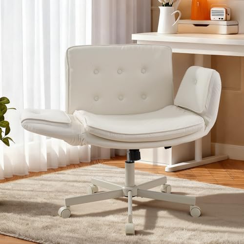 Warmiehomy Criss Cross Legged Office Chair with Wheels, Home Office Chair with Adjustable Armrests and Height, PU Leather Desk Chair for Bedroom, Swivel Vanity Chair with Wide Seat for Dressing,Beige