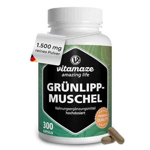 Vitamaze Grünlippmuschel Kapseln hochdosiert 1500 mg Grünlippmuschel Pulver aus Neuseeland pro Tagesdosis 300 Kapseln. Natürliche Nahrungsergänzung ohne Zusätze Made in Germany.