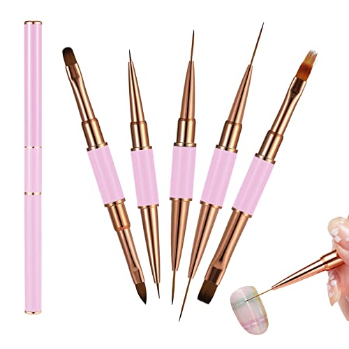 Bekecidi Juego de 5 Pinceles para Arte de Uñas, Cepillos de Uñas de Doble Extremo para Uñas de Gel, Herramientas de Punteado, Delineador de Uñas, Cepillo para Constructor Brochas Acrílicas (Rosa) Cover
