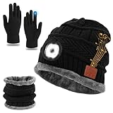 QKTYB LED Bluetooth Beanie Mütze mit Schal & Touchscreen Handschuhe Set, Unisex Gestrickte USB Wiederaufladbare Beleuchtete Beanie Musik Kopfhörer Mütze Winter Warme Gefütterte Fleece Mütze für Damen