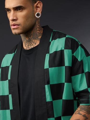 Image of The Souled Store Demon Slayer: Tanjiro Kamado Men and Boys Short Sleeve Green and Black Checkered Casual Lightweight Drop Shoulder Streetwear Trendy Cotton Oversized Shirt