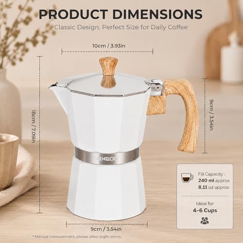 Image of AXEON Classic Moka Pot Espresso Coffee Maker - 240ml | Italian Style Mocha & Gas Stovetop Compatible | Food-Grade Aluminum with Cool Touch Handle | Brews 6 Cups, (Classic White Finish)