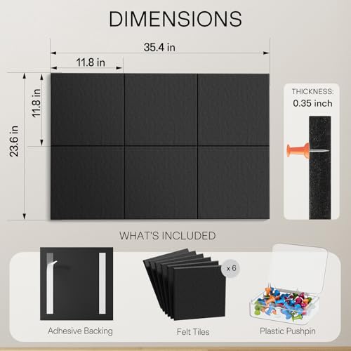 Image of MaxGear Felt Bulletin Board 36 inch x 24 inch, Black Felt Wall Tiles Push Pins | Cork Board For Walls Alternative, 6 Pack 11.8 inch x 11.8 inch Wall Panels, Pin Board Custom Layout Design, Office Decor Home Decor