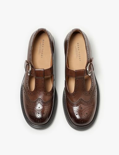 Image of BEAU TODAY Oxford Shoes for Women, Mary Jane Shoes for Women T Strap Leather Wingtip Brogue, Chunky Heel Comfortable Non Slip Dress Work Shoes