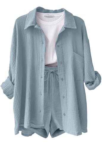 CheChury Zweiteiler Damen Sommer Kurzarm Sommer Outfits Damen 2 Teiler Musselin Bluse Hemd und Shorts Freizeitanzug Elegant Kurz Lounge Set Strand Outfit SetLeicht Loungewear Streetwear,Blau,M