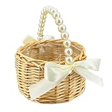 BETAULIFE Wicker Rattan Flower Girl Basket with Bows,Pearl Handle Flower Basket,Wedding Flower Girl Basket and Home Decorations. (1)