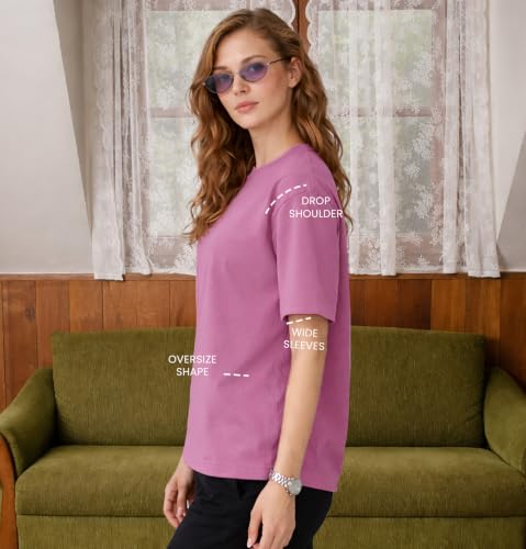 Image of SLEEPY NUTS Women Oversized T-Shirt 220 GSM Heavyweight Cotton Rich Baggy Fit Drop Shoulder Round Neck Half Sleeve