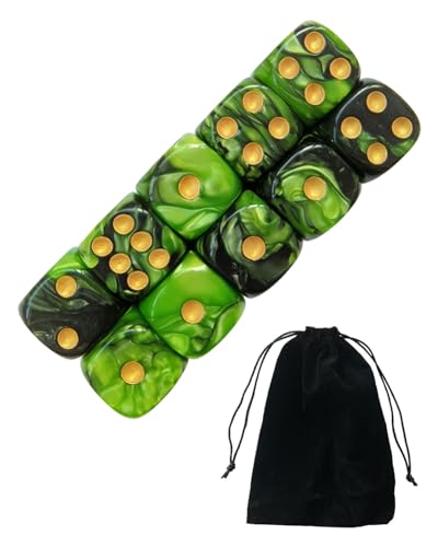 JUKOTA 10 PCS Dados,16mm D6 Dado Acrílicos,Dados Verde-Negro con Bolsa de Tela,para Juegos de Mesa,Rol,Mesa,Lecciones de Matemáticas