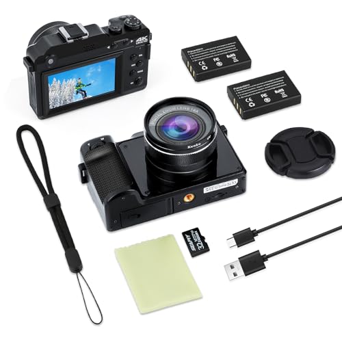 Digital Camera 4K for Photography Autofocus, Upgraded 56MP Point and Shoot Digital Camera with 32GB SD Card, 3" Dual lens Compact Camera with 18X Digital Zoom, Flash, Anti-Shake, 2 Batteries, black