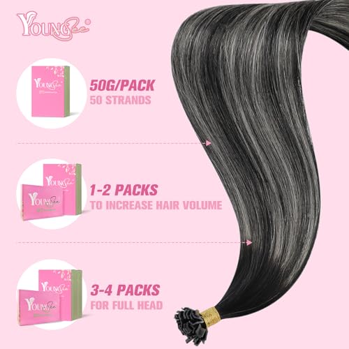 Image of YoungSee K Tip Extensions Human Hair Ombre Remy Ktip Hair Extensions Natural Black Roots to Silver Grey Balayage Ktip Human Hair Extensions Long for Women 24inch 50g 50s